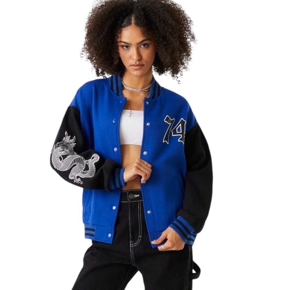 Refuge Athletic Y2K 74 Dragon Graphic Oversized Varsity Jacket Women Size Large